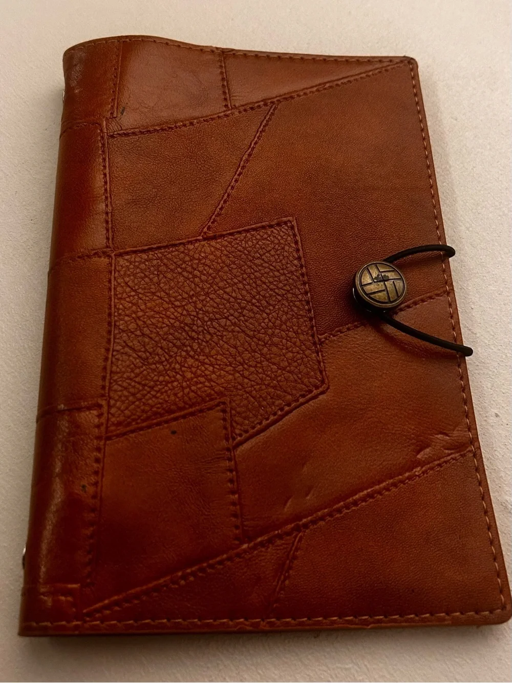 Men's Brown Patchwork Leather Passport Wallet with Button Closure